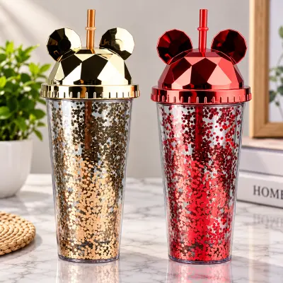 Pahar cu capac și pai, 380 ml, cu sclipici și urechi decorativ