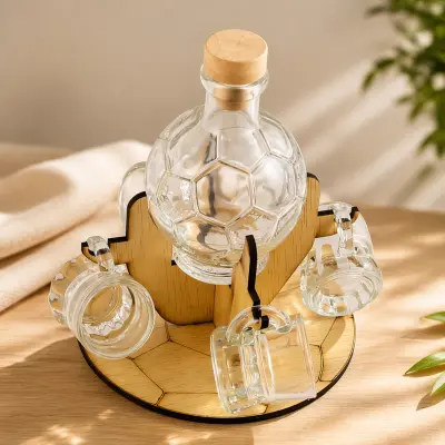 Set cadou – sticlă în formă de minge (fotbal) cu suport din